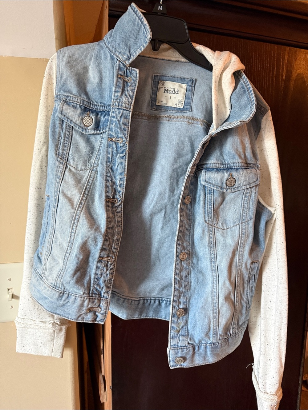 Mudd Light Blue Denim Jacket with Cream Speckled Hoodie Sleeves